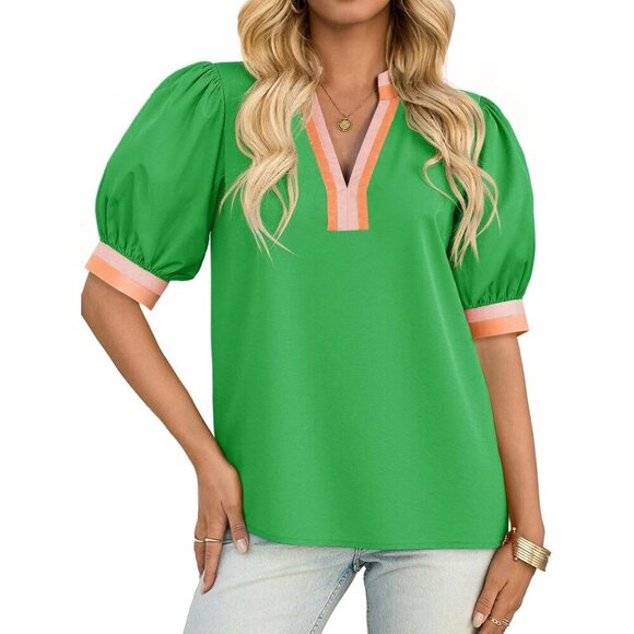 Tops - Women's Cotton Color Block Puff Sleeve V-Neck Blouse Casual Dressy Top